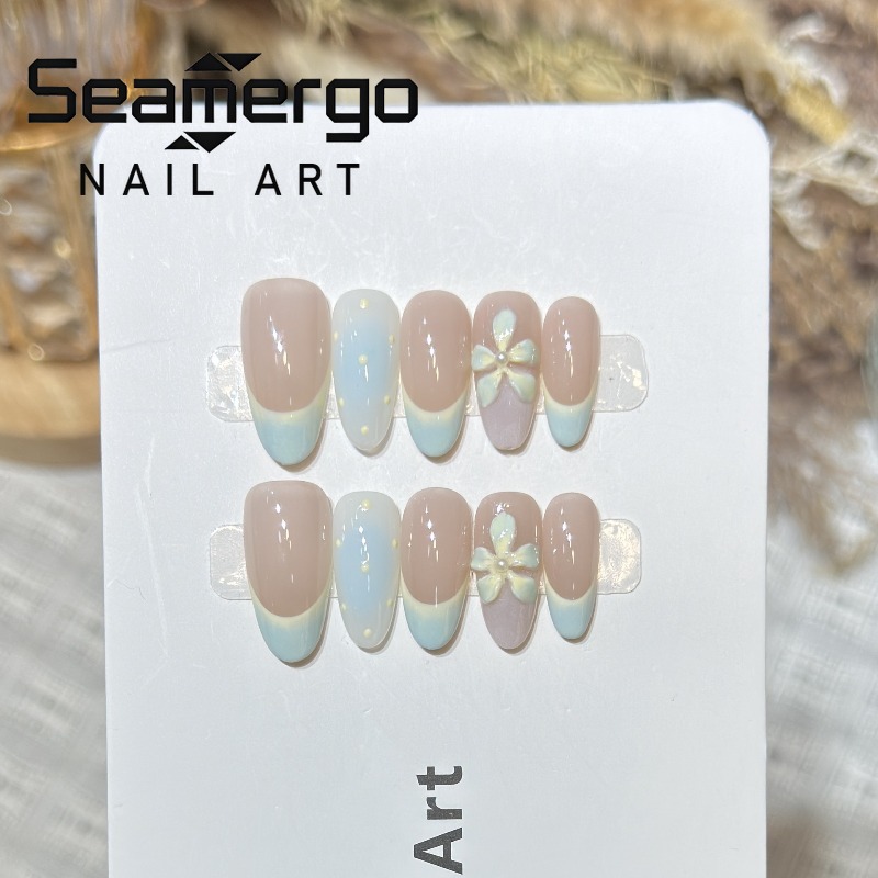 Nail Art Oval - 10 stuks eenvoudige blauwe Franse opzetnagels