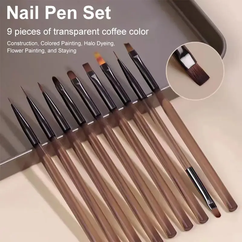 Nail Fan Brush - 9-delige multi-head nagelkunst penseelset, amberkleurige houten