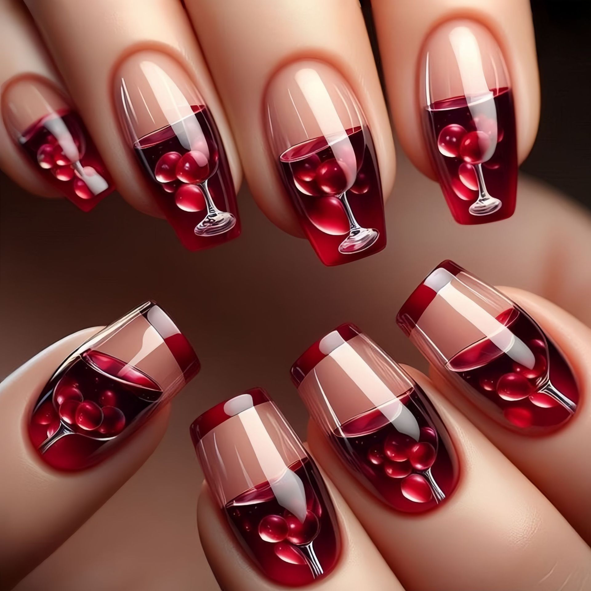 Nail Art Red Wine - Middellange nepnagels voor dames meisjes gradiënt